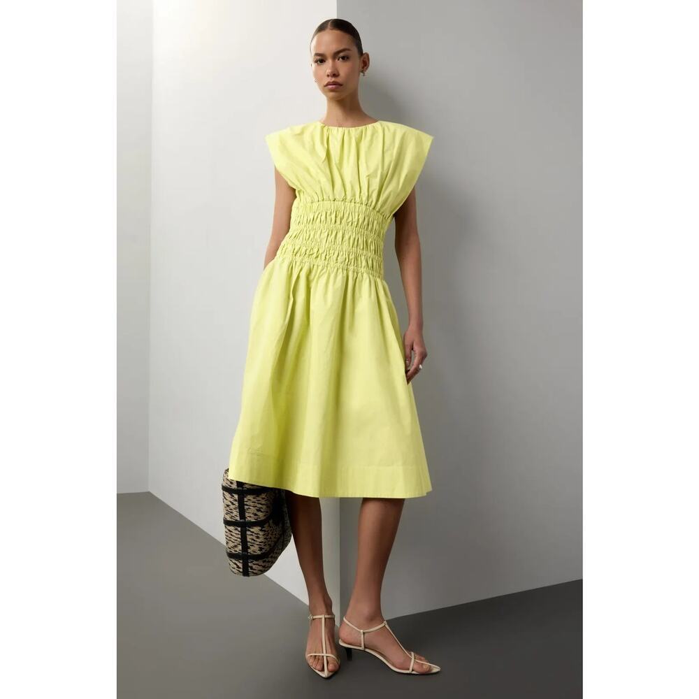 Eudon Choi Cotton Poplin Dress Sleeveless Smocked Knee Length A-Line Green 8